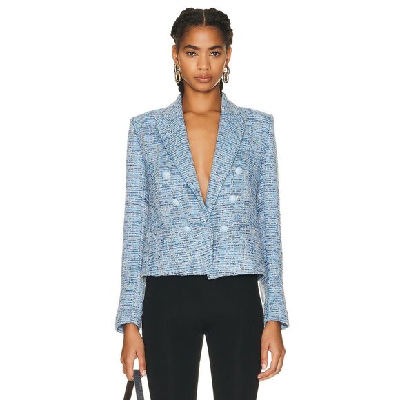 L'Agence Women's Blue Tweed Brooke Crop Double Breasted Blazer Size 2